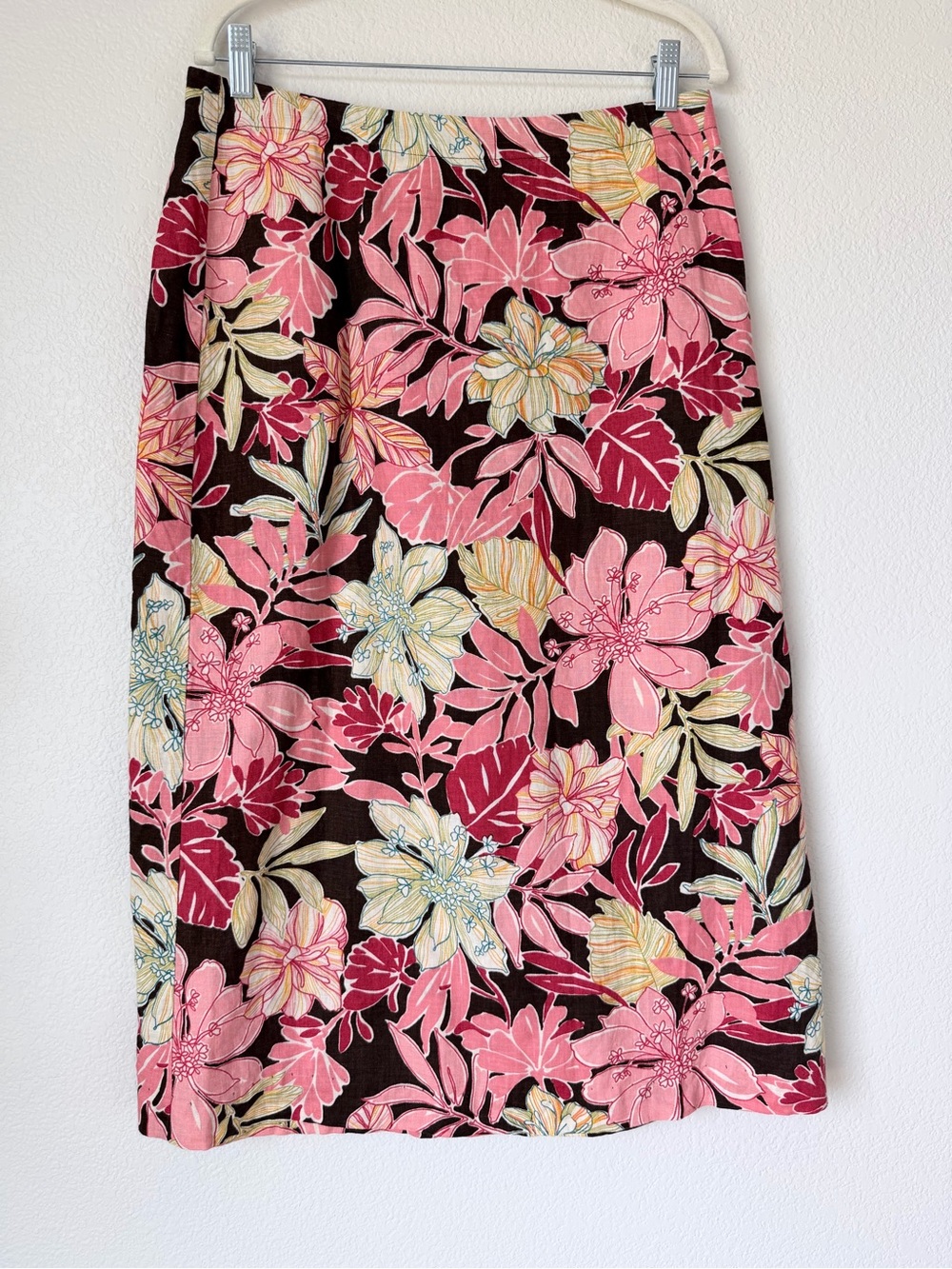 Liz Claiborne Linen Floral Midi Skirt Size 8 Tropical Button Y2K Cottagecore